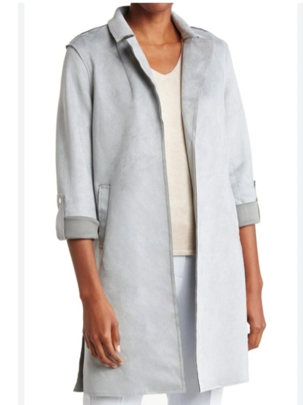 TAHARI Faux Suede Roll-Tab Open Topper in Light Blue